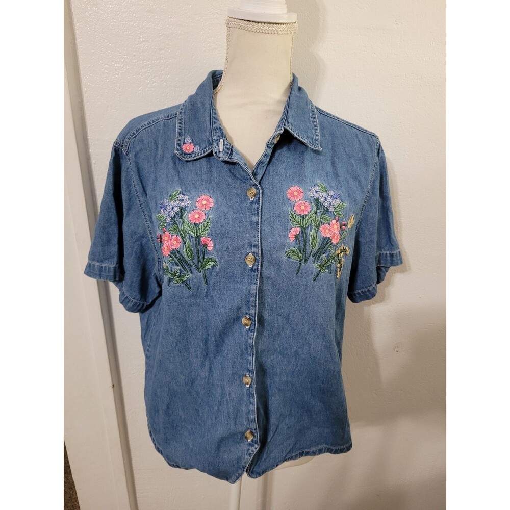 Cottagecore XL Blue Denim Cotton Floral Embroidered Collared Shirt Grandma